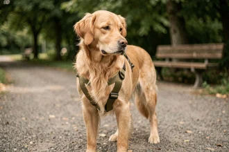 Golden Retriever portant un harnais mal ajusté avec des sangles mal positionnées dans un parc, illustrant les erreurs fréquentes de harnachement