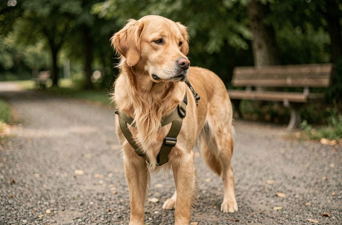 Golden Retriever portant un harnais mal ajusté avec des sangles mal positionnées dans un parc, illustrant les erreurs fréquentes de harnachement