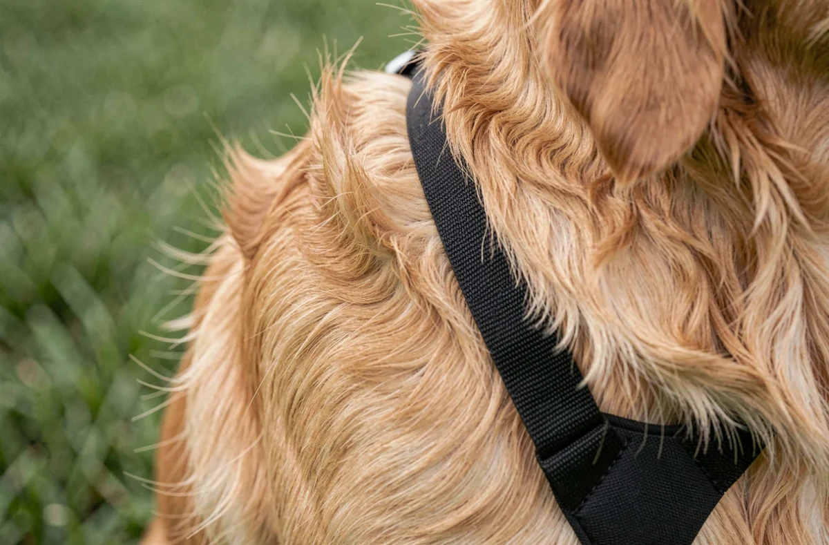 Gros plan sur un harnais mal positionné sur l'épaule d'un Golden Retriever, révélant une compression incorrecte des sangles sur la fourrure