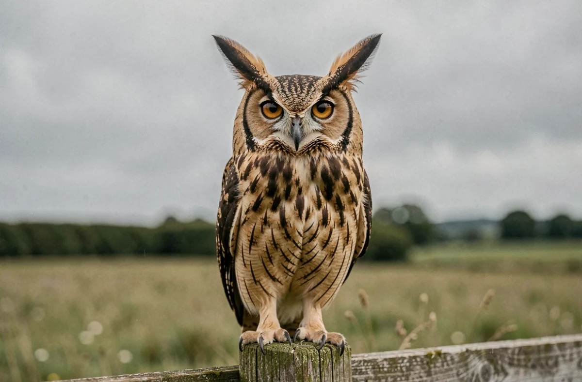 Hibou moyen-duc sur un poteau de clôture en campagne, avec ses aigrettes caractéristiques bien visibles sur la tête