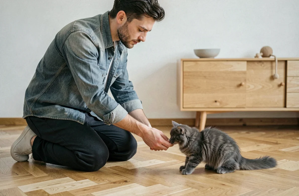 Homme agenouillé tendant la main à un chaton gris pour l'apprivoiser, conseils pour créer un lien de confiance avec un premier chat