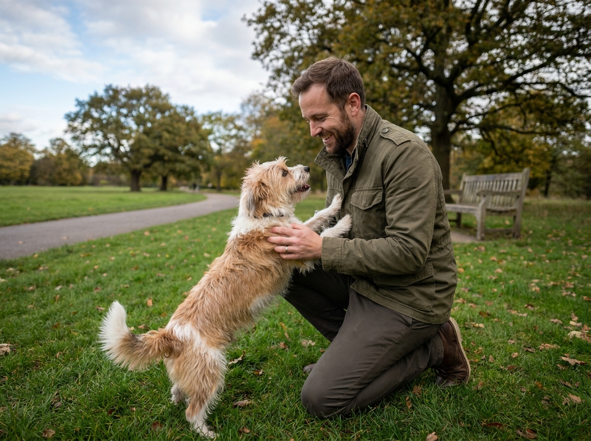Homme jouant avec son petit chien dans un parc, concept de bien-être animal et assurance chien