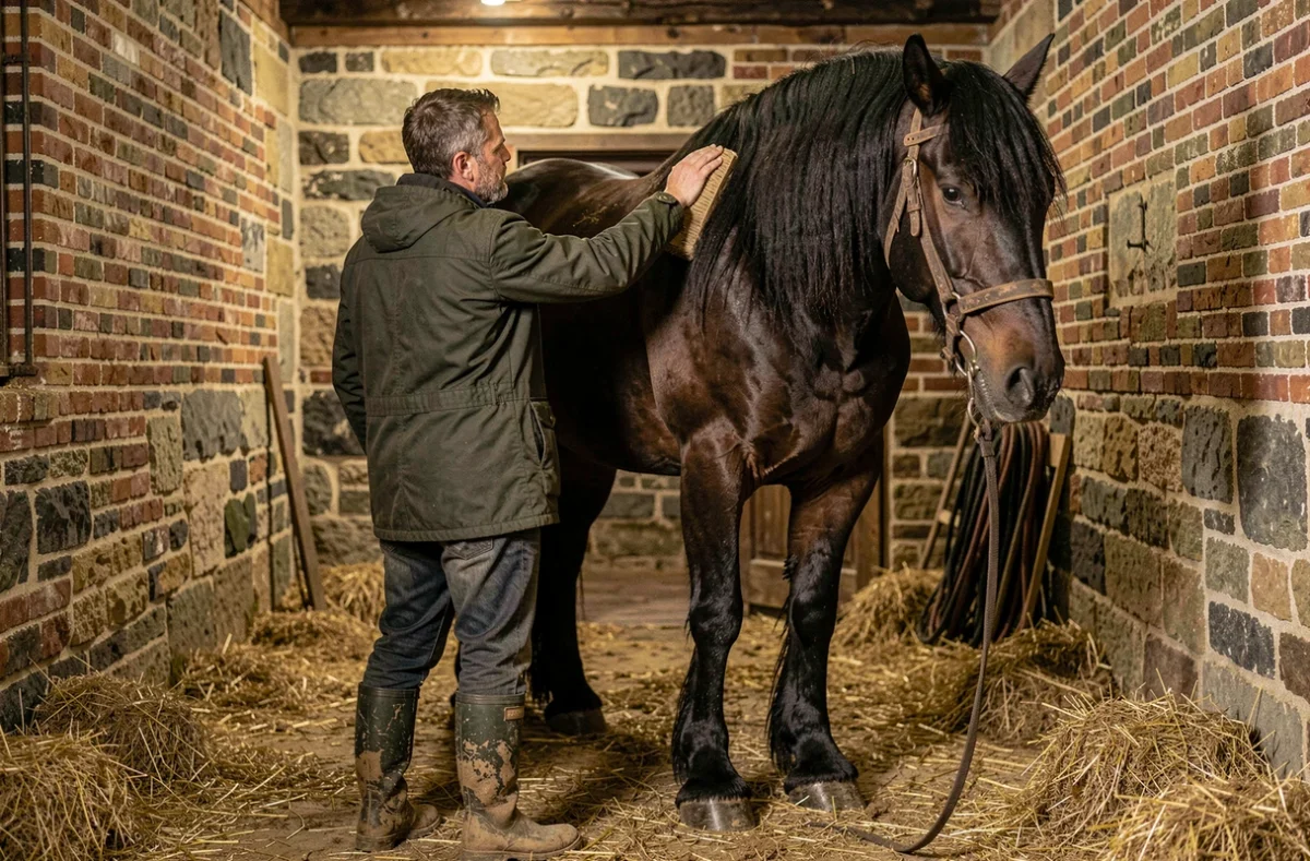 Un homme qui panse un immense cheval de trait Shire dans une écurie en pierre, illustrant la taille exceptionnelle du cheval