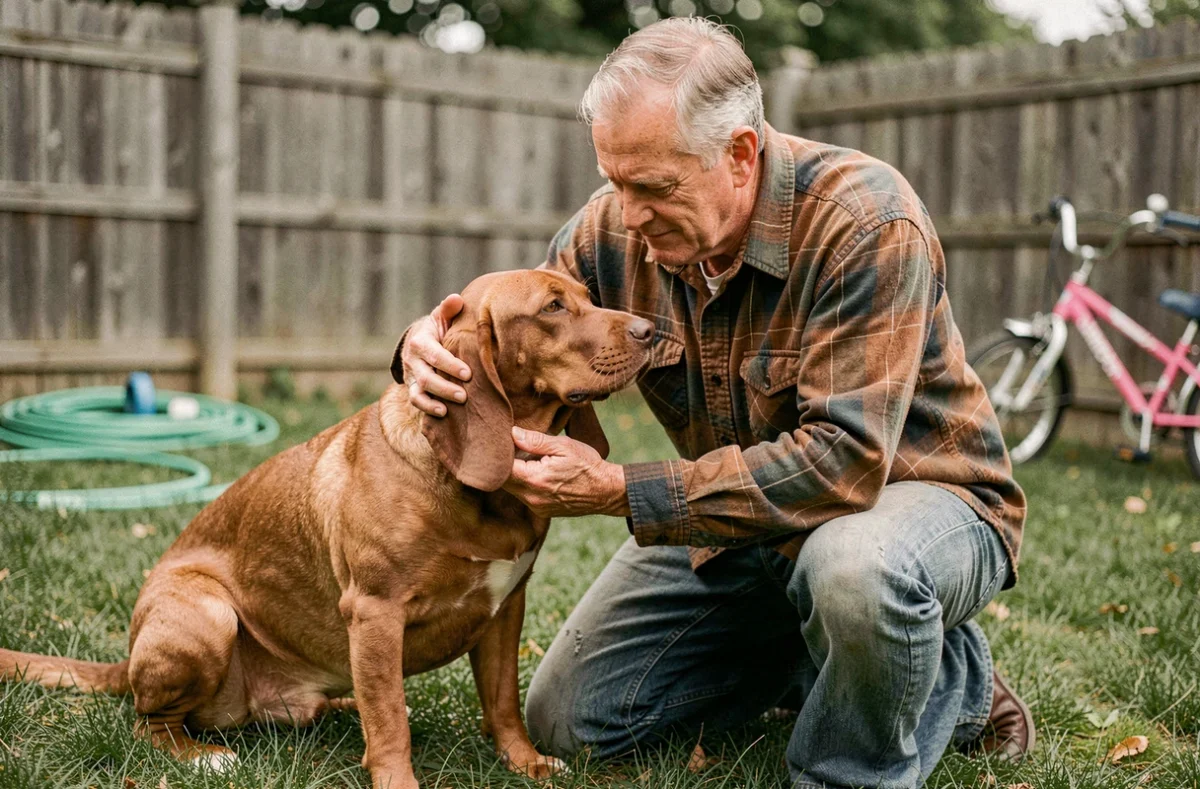 Un homme en plein air avec son Red Coonhound dans un jardin familial, illustrant la vie quotidienne avec cette race de chien