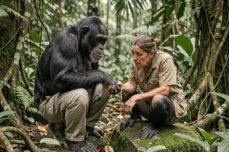 Primatologue observant un chimpanzé adulte dans un sanctuaire forestier lors d'une évaluation de l'ape care