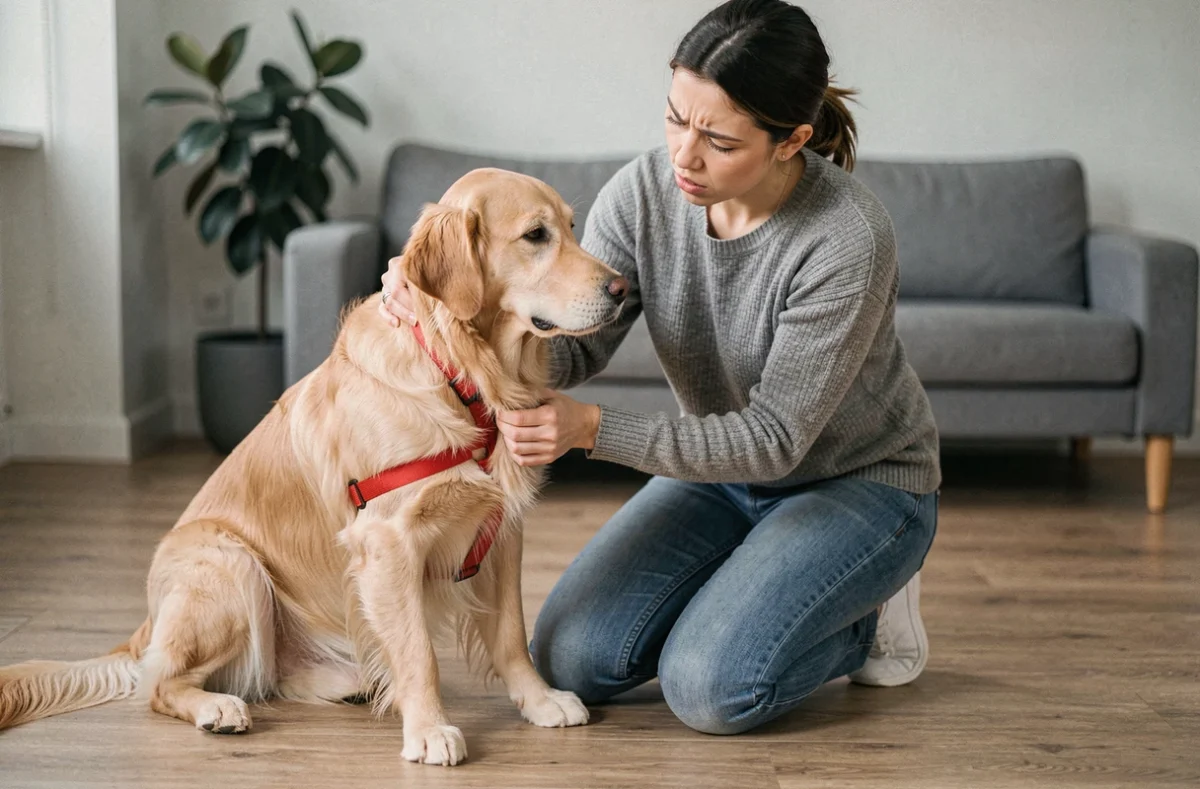 Propriétaire ajustant un harnais rouge trop lâche sur un Golden Retriever dans un appartement moderne, montrant l'importance d'un bon ajustement