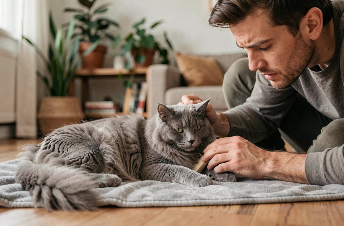 Propriétaire inspectant la santé de son chat angora gris allongé sur un plaid à la maison