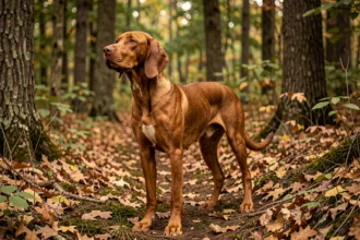 Red Coonhound en alerte sur un sentier forestier automnal, illustrant ses instincts naturels de chasse
