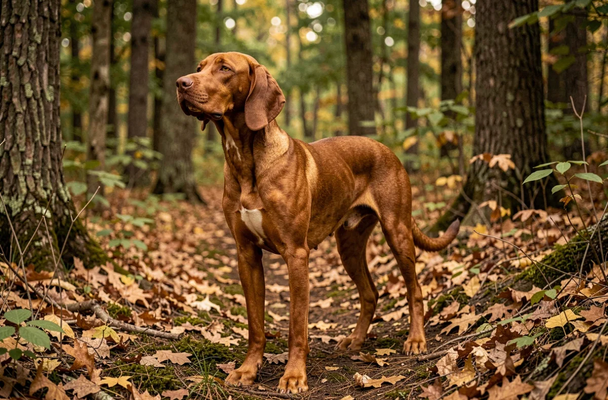 Red Coonhound en alerte sur un sentier forestier automnal, illustrant ses instincts naturels de chasse