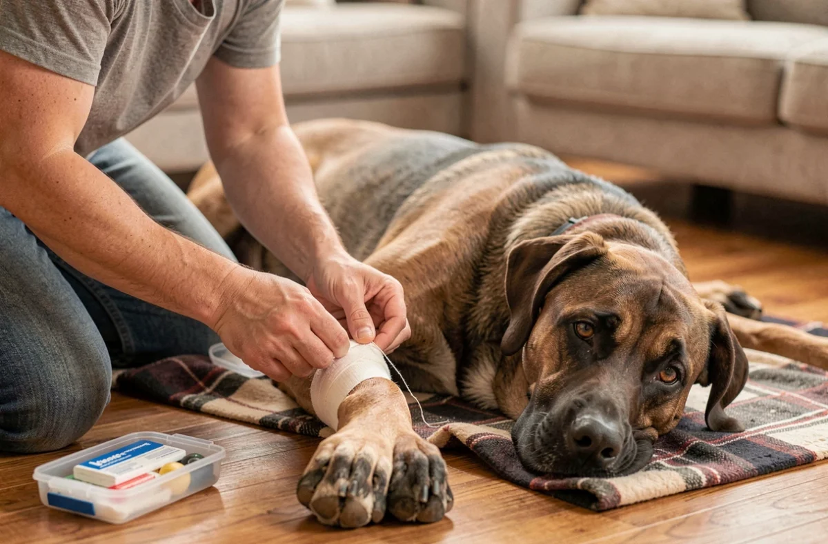 Propriétaire bandageant l'ergot de son Beauceron à domicile pour prévenir les blessures lors du sport