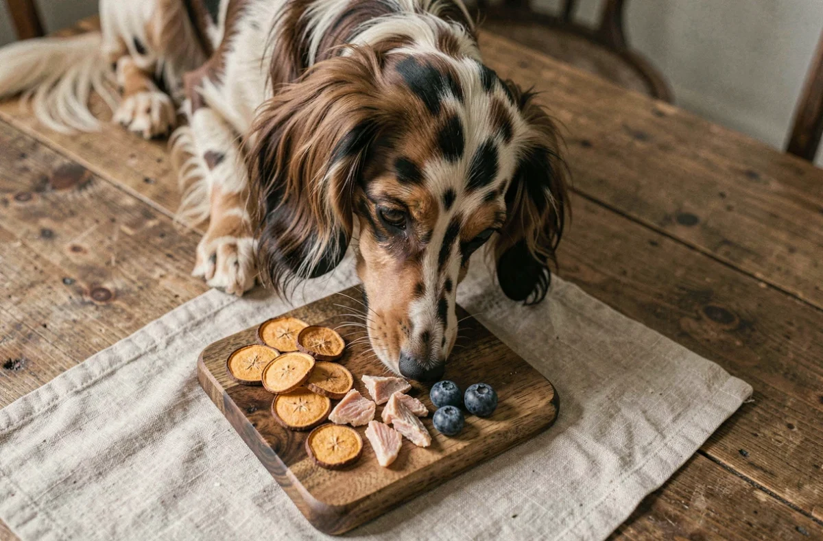 Teckel arlequin à poil long flairant des friandises naturelles disposées sur une planche en bois