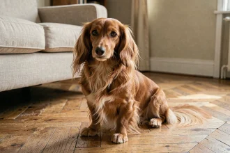 Teckel poil long de couleur marron assis sur un parquet en bois dans un appartement français