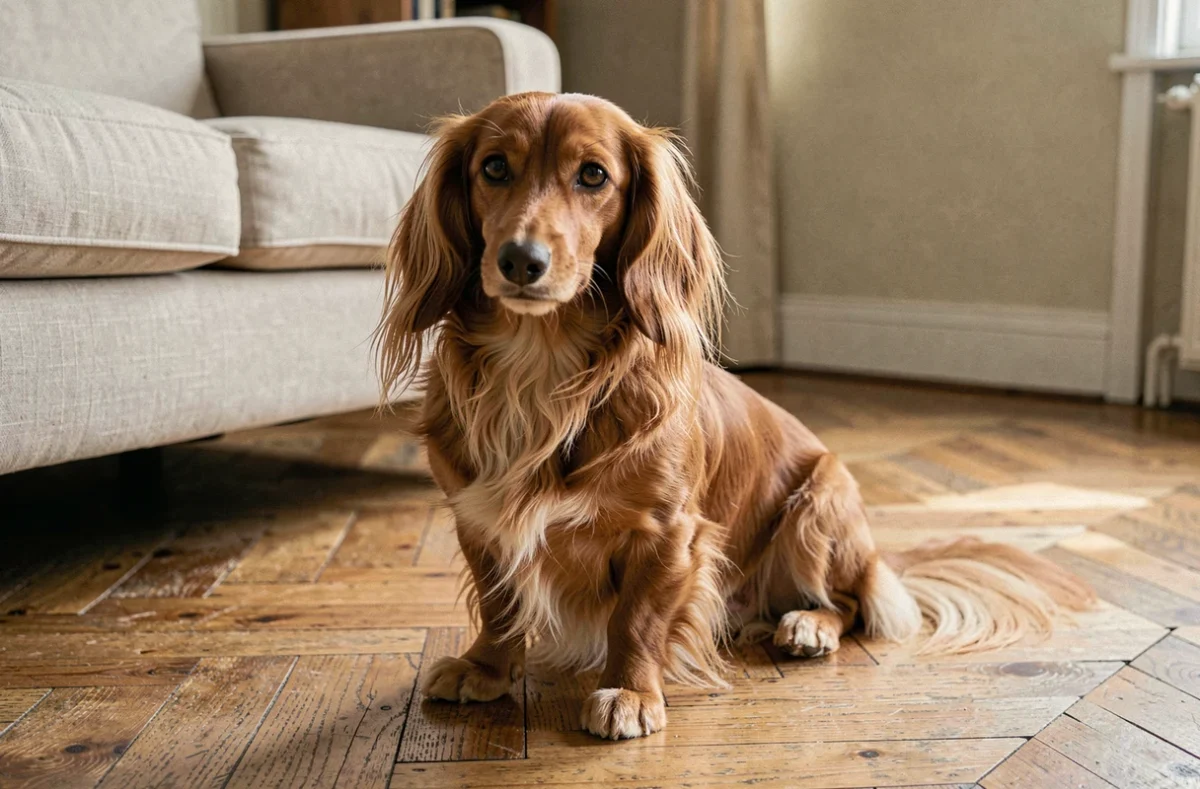 Teckel poil long de couleur marron assis sur un parquet en bois dans un appartement français