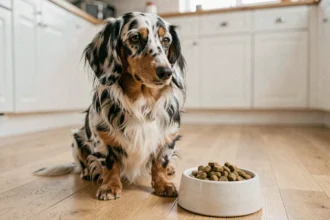 Teckel poil long arlequin assis devant sa gamelle de croquettes sur un parquet en chêne clair