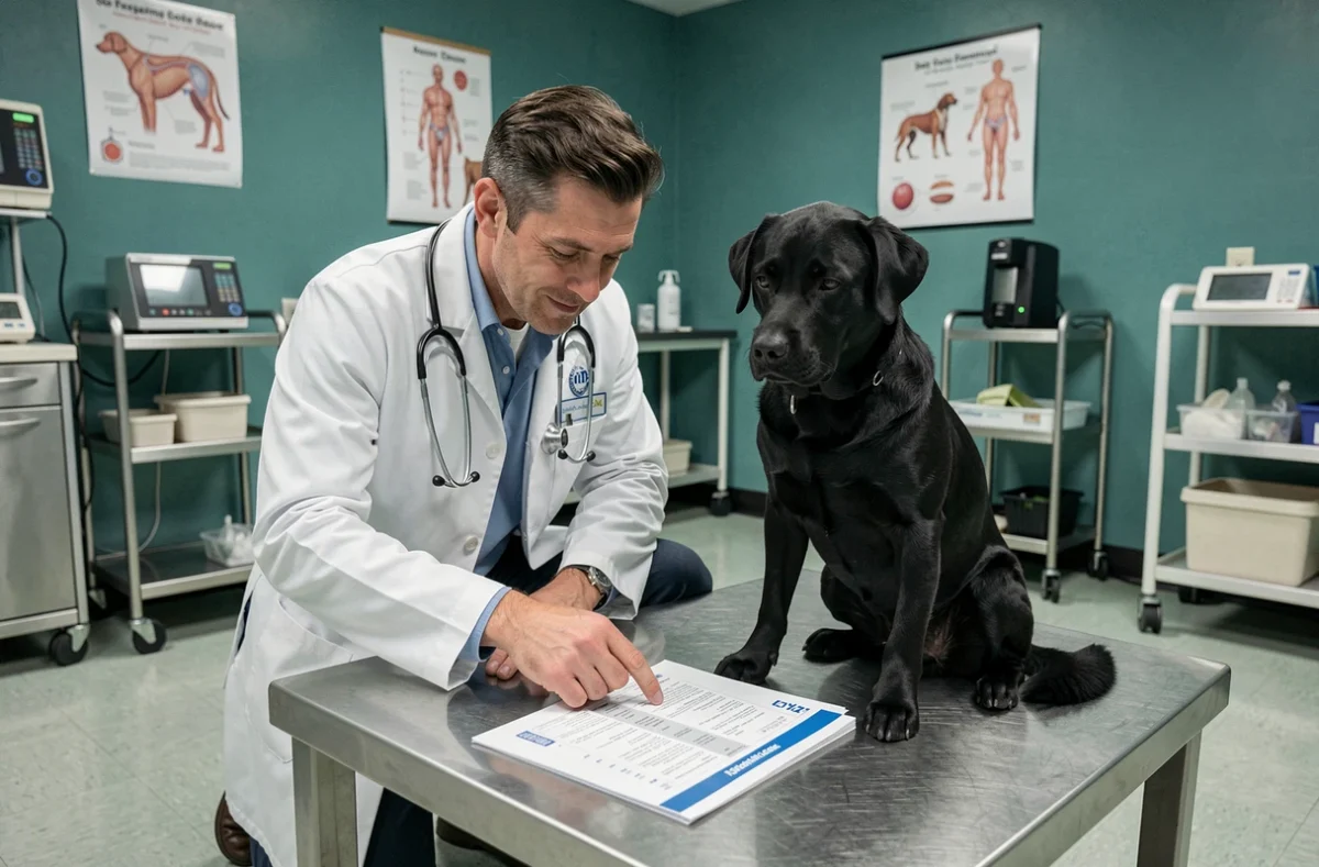 Vétérinaire expliquant les exclusions et franchises d'un contrat d'assurance chien à une consultation clinique