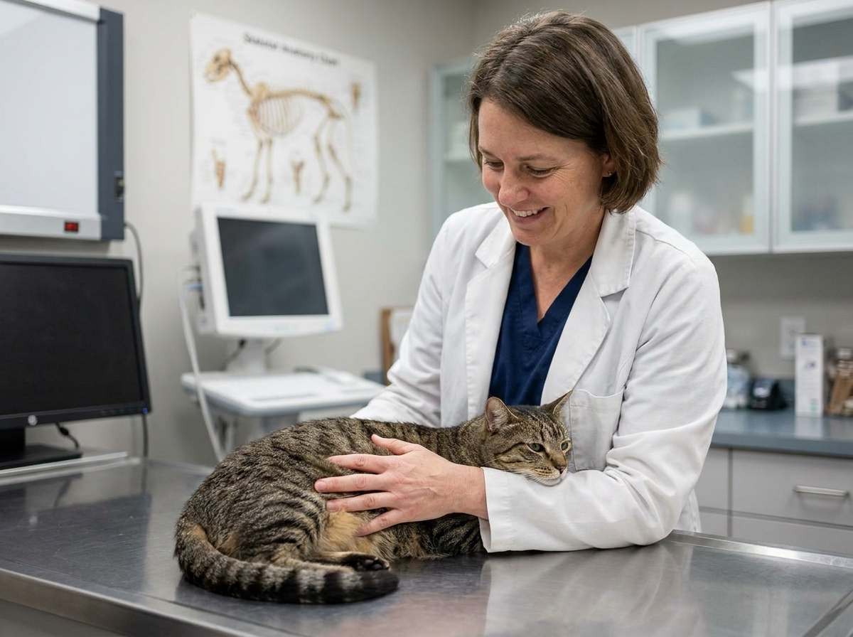 Vétérinaire examinant un chat tigré dans une clinique vétérinaire, illustration d'assurance animale