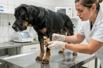 Vétérinaire examinant l'ergot d'un Beauceron lors d'une consultation préventive avant une activité sportive