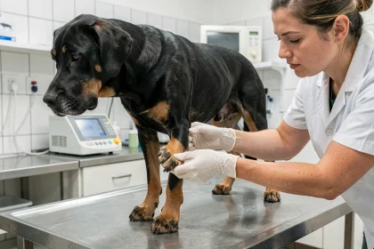 Vétérinaire examinant l'ergot d'un Beauceron lors d'une consultation préventive avant une activité sportive