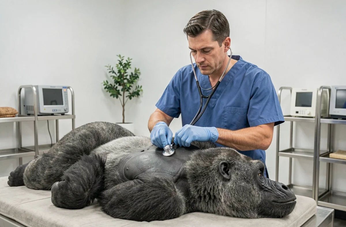 Vétérinaire examinant un gorille des plaines lors d'un bilan de santé dans un centre de soins pour grands singes