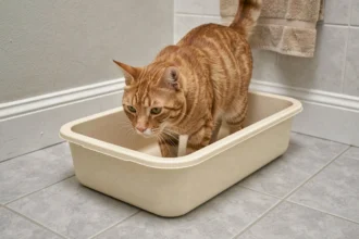 Chat âgé entrant facilement dans un bac à litière bas de gamme à entrée basse sur carrelage gris