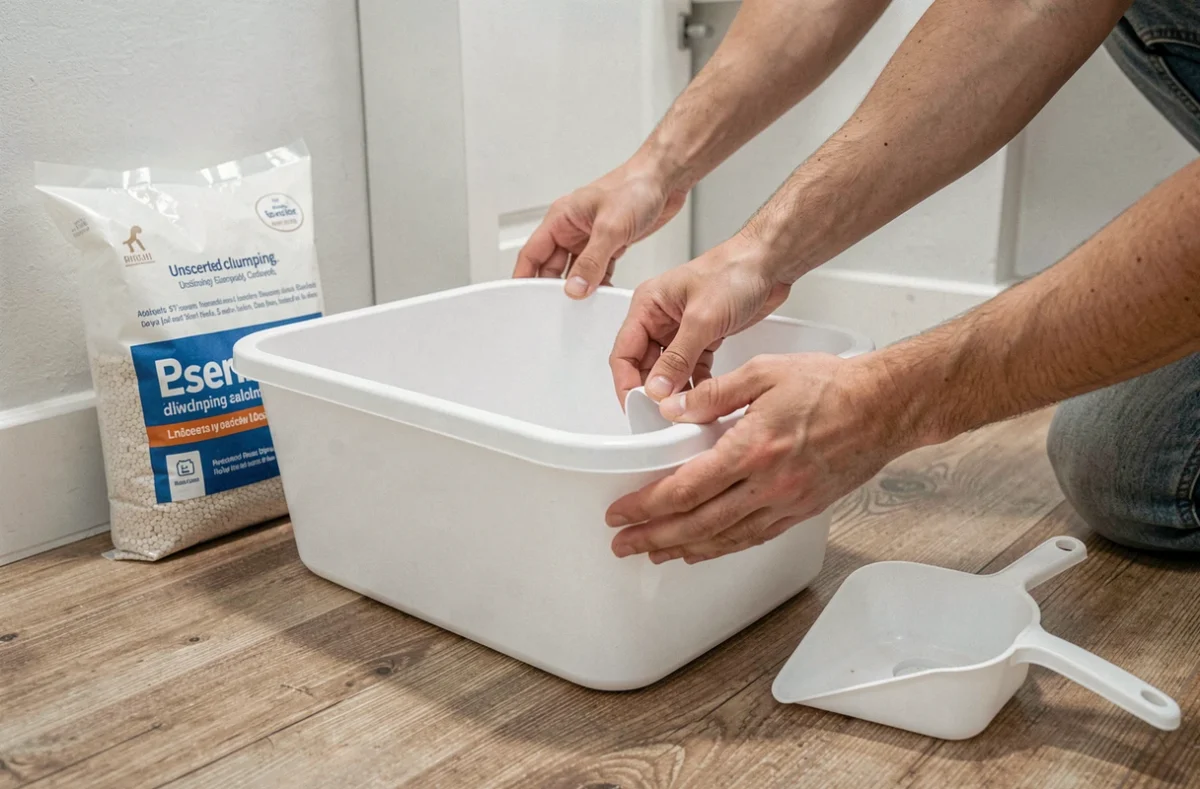 Mains posant un bac à litière simple et économique sur parquet stratifié dans une petite salle de bain
