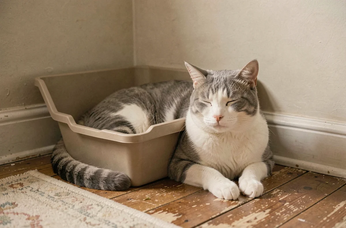 Chat senior gris et blanc se reposant près d'un bac à litière abordable à bord avant surbaissé dans un salon
