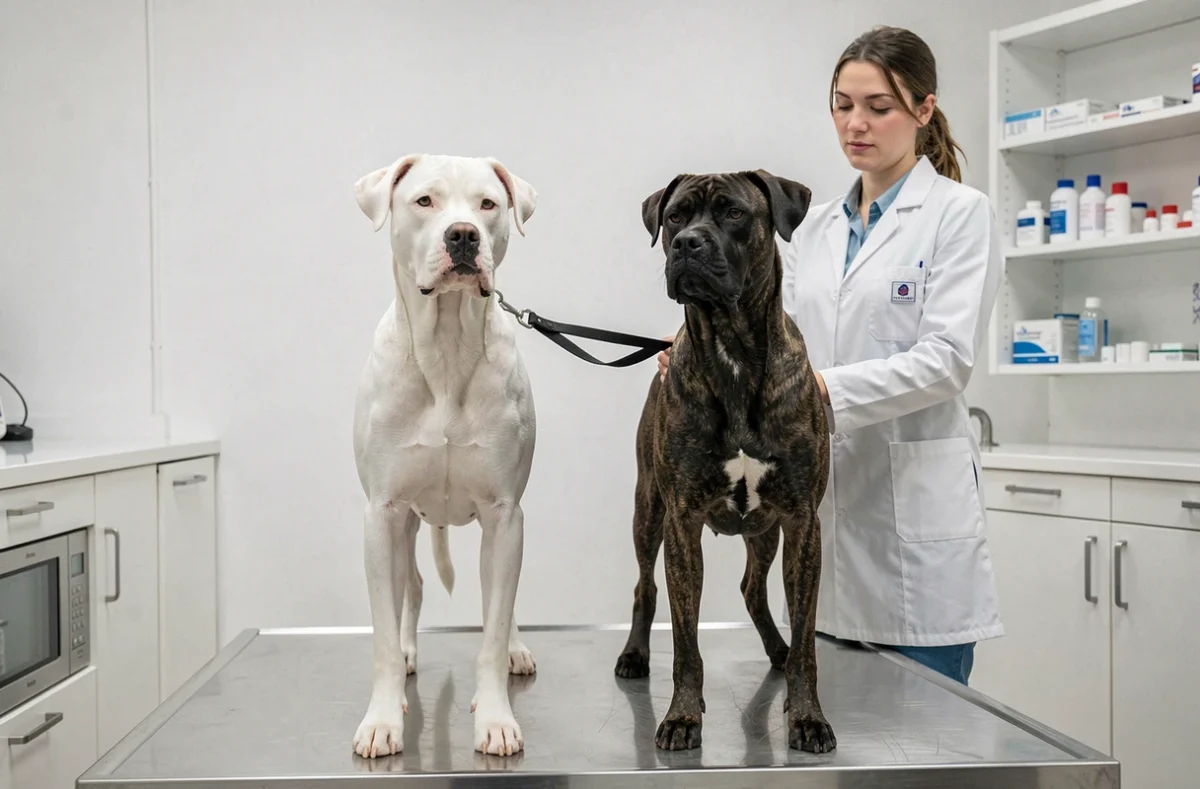 Dogo Argentino et Tosa Inu examinés par une vétérinaire dans une clinique vétérinaire française