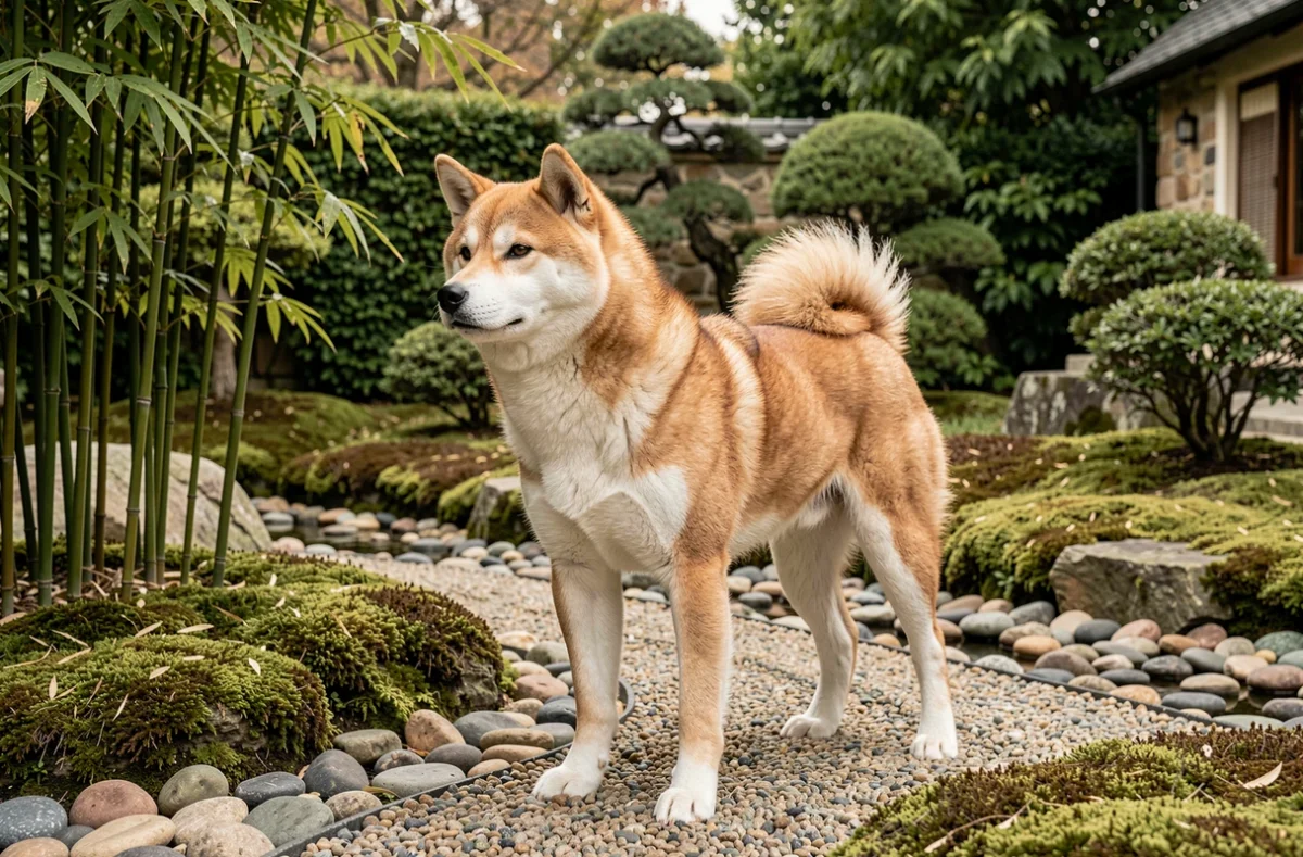 Un Akita Inu imposant au pelage épais dans un jardin naturel, élevage du Val de l'Akita