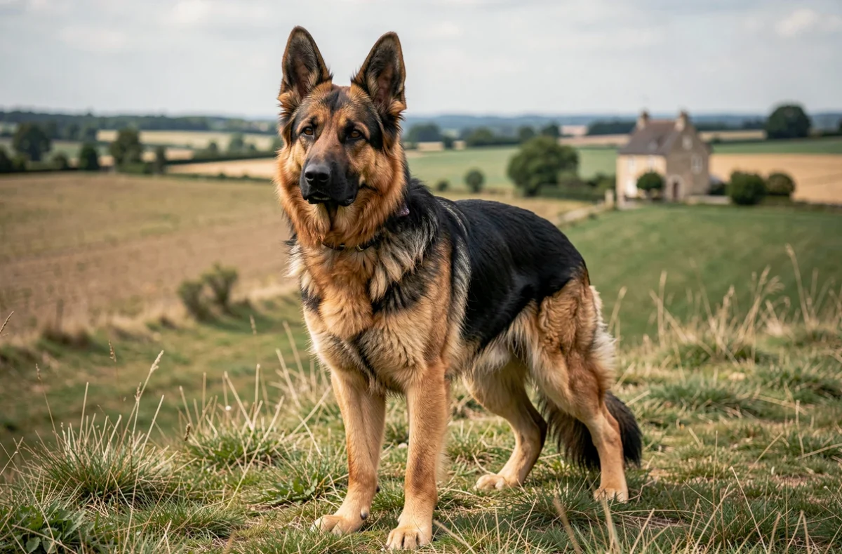 Un Berger Allemand au pelage classique noir et feu debout dans la campagne de Loire-Atlantique, élevage Jean Marc Paradis