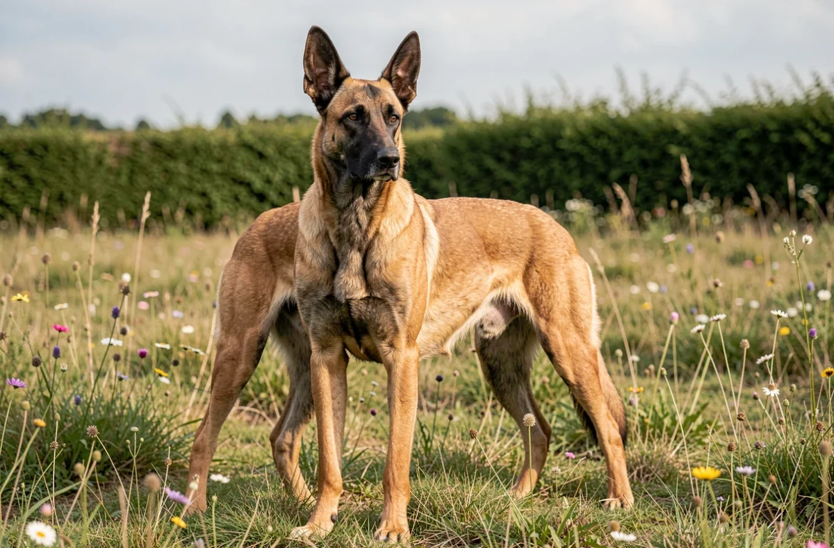 Un Berger Belge Malinois musclé au regard alerte dans une prairie de Loire-Atlantique, élevage Alphysia