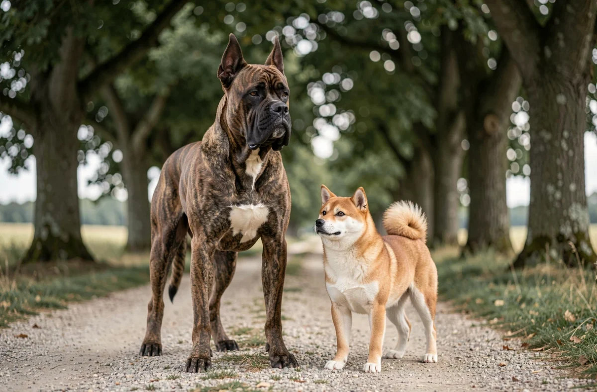 Un Cane Corso et un Shiba Inu côte à côte dans un cadre naturel de campagne, élevage Au Pays de la Tribo