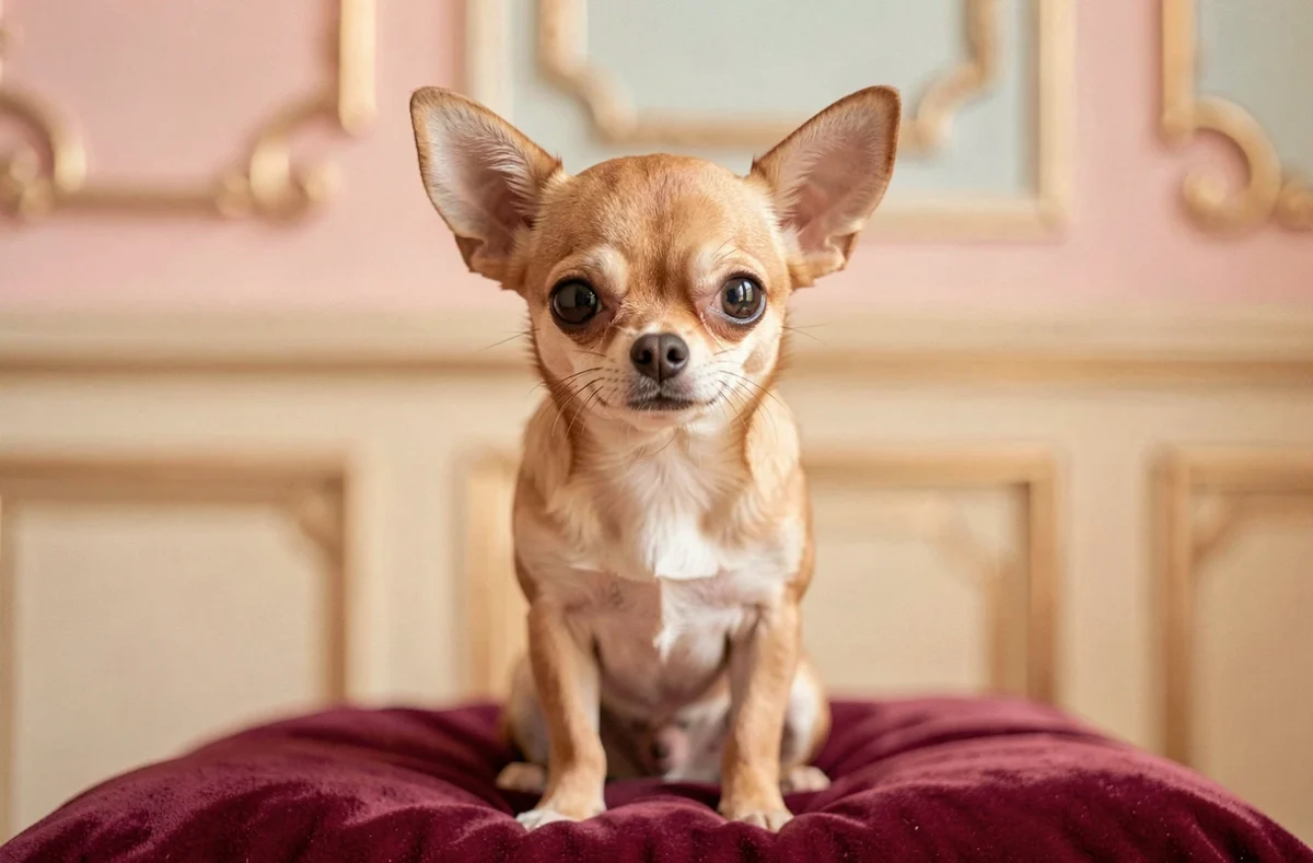 Un minuscule Chihuahua au regard expressif posé sur un coussin en velours, élevage de l'Élixir d'Amour