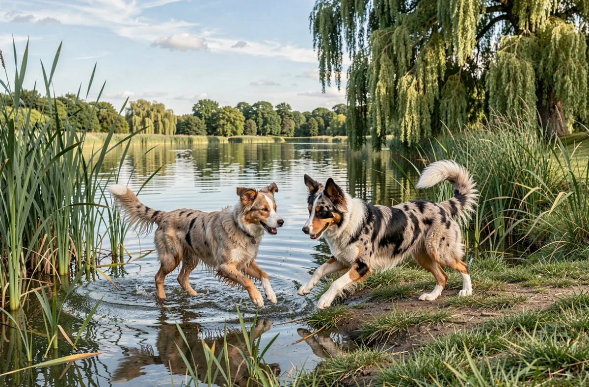 Deux chiens jouant au bord d'un étang dans les marais de Loire-Atlantique, élevage des Filles de l'Étang