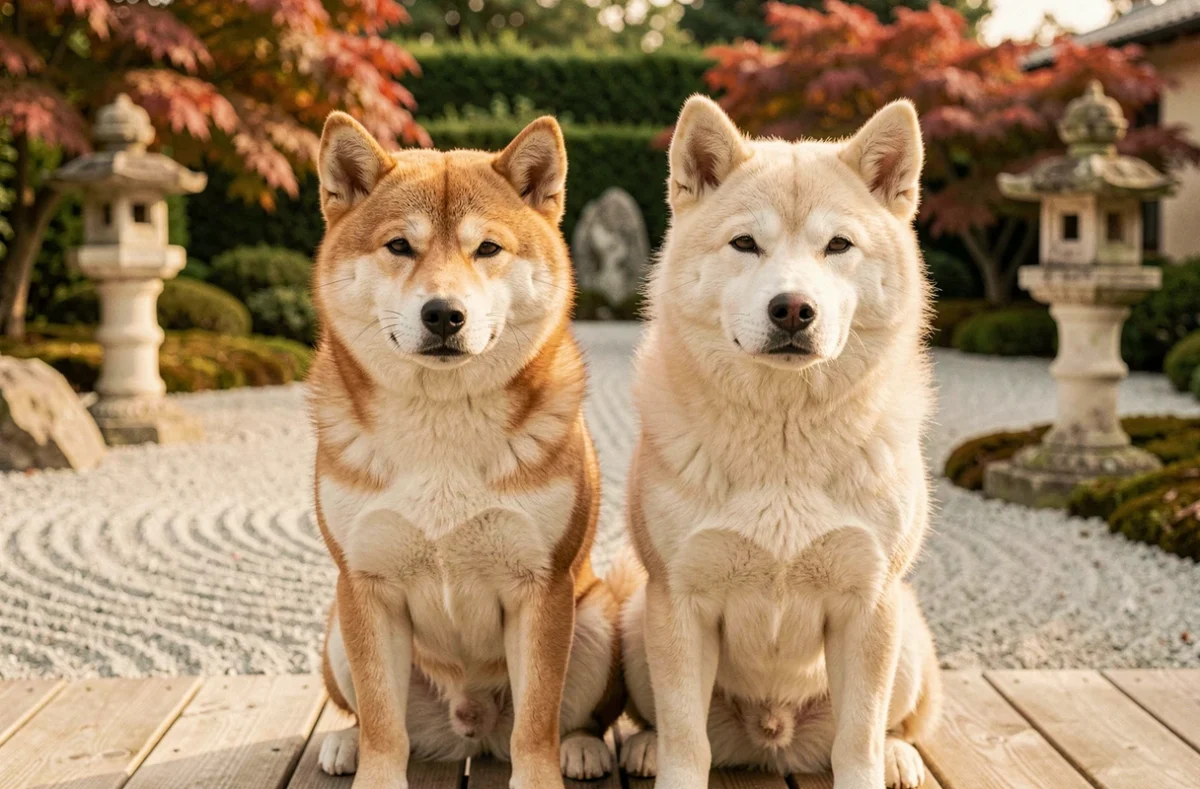 Un Shiba Inu et un Akita Inu assis côte à côte dans un jardin japonisant, élevage du Soleil Levant de Missillac
