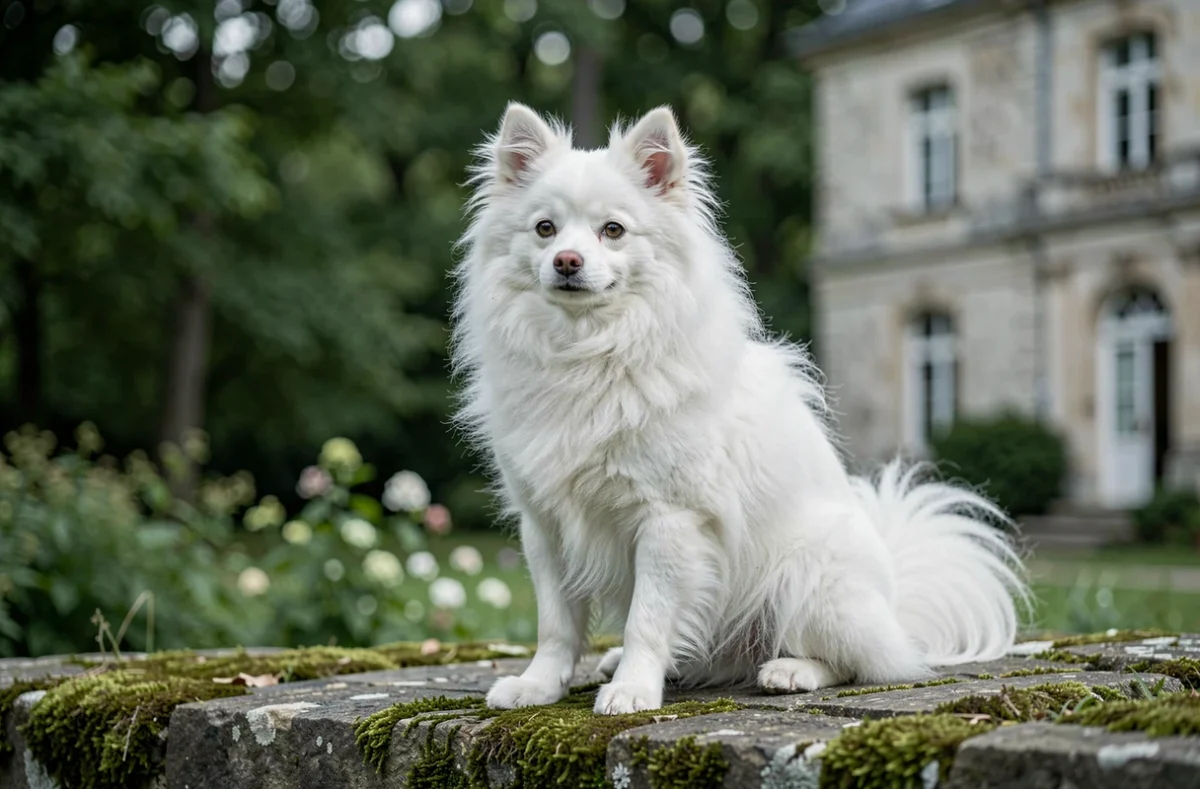 Un Spitz blanc au pelage dense et moelleux assis sur un muret de pierre dans un domaine de Loire-Atlantique, élevage du Domaine de Missillac