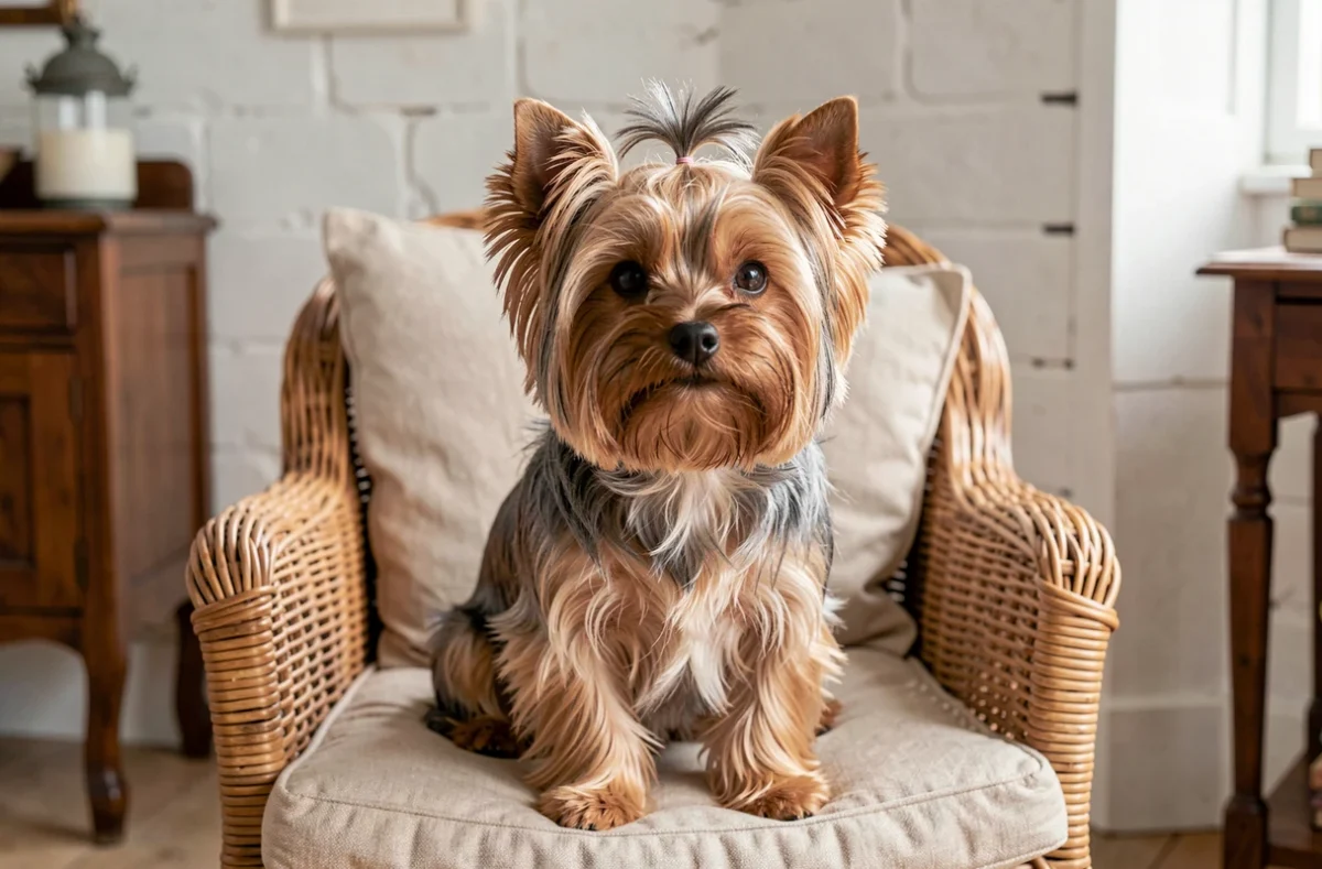 Un Yorkshire Terrier au pelage soyeux soigneusement toiletté, élevage de Clairamour
