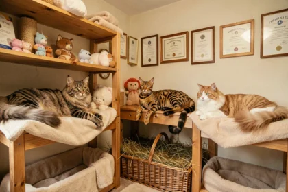 Vue d'ensemble d'un élevage félin en Loire-Atlantique avec plusieurs chats de race sur des étagères en bois