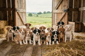 Groupe de chiots de races variées dans une ferme de Loire-Atlantique, représentant les éleveurs de la région