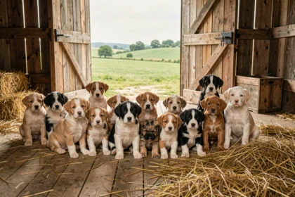 Groupe de chiots de races variées dans une ferme de Loire-Atlantique, représentant les éleveurs de la région