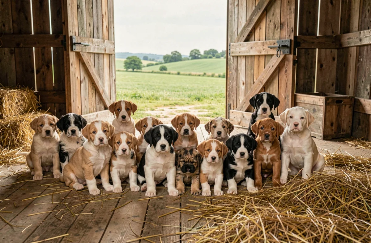 Groupe de chiots de races variées dans une ferme de Loire-Atlantique, représentant les éleveurs de la région