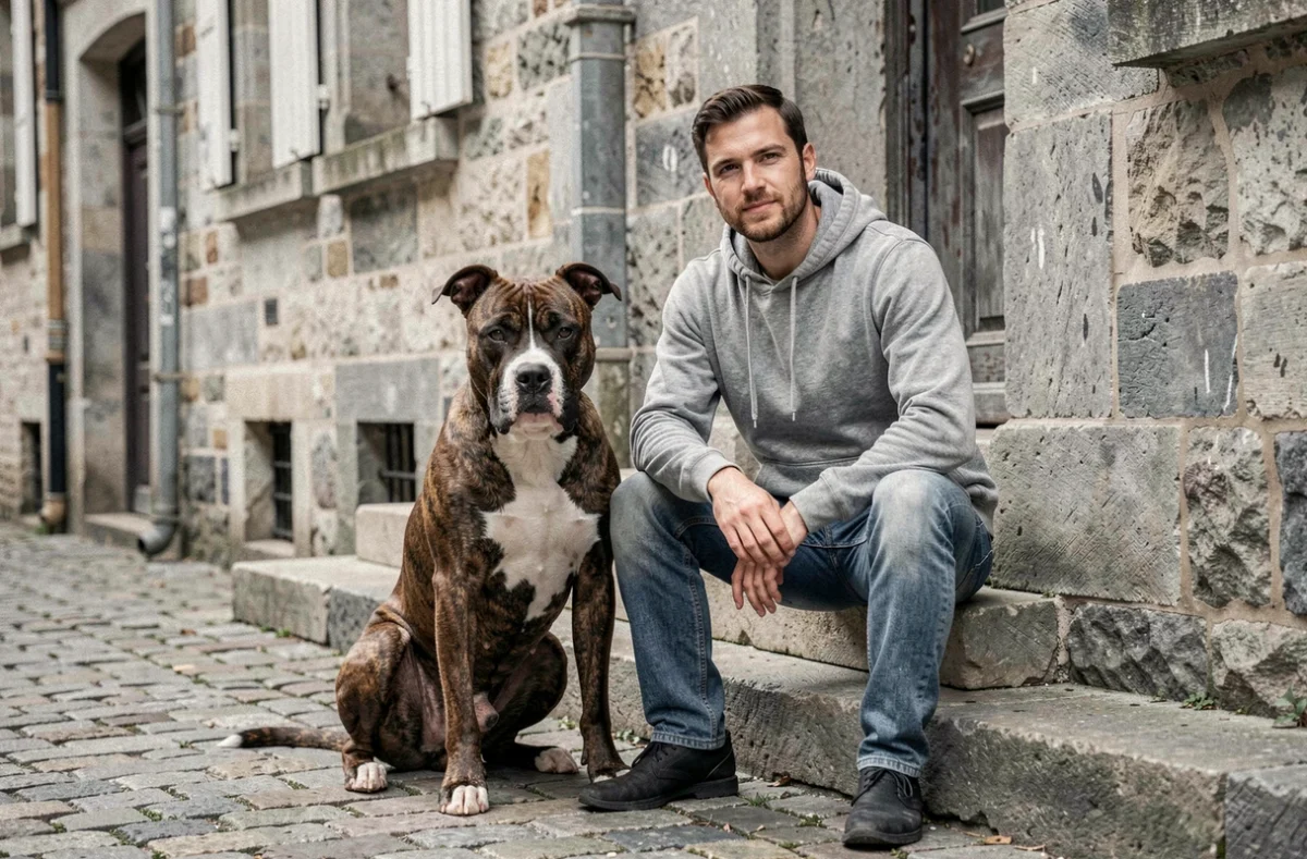 Pit Bull Terrier américain assis calmement aux côtés de son propriétaire sur des marches en pierre dans une ville française