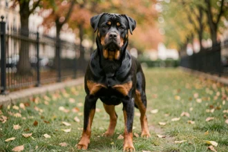 Rottweiler puissant et musclé debout dans un parc urbain français, regard alerte et expressif