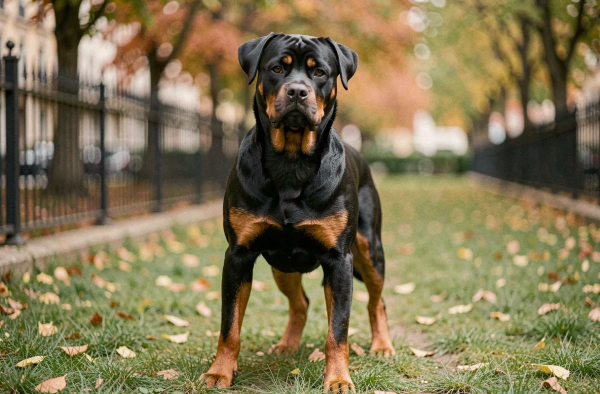 Rottweiler puissant et musclé debout dans un parc urbain français, regard alerte et expressif