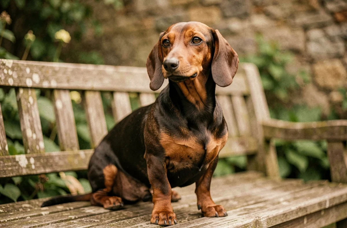Teckel nain à poil ras avec une robe brun acajou assis sur un banc en bois dans un jardin