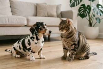 Teckel arlequin nain assis calmement à côté d'un chat tigré sur un parquet en chêne dans un salon moderne, illustrant la cohabitation harmonieuse entre animaux