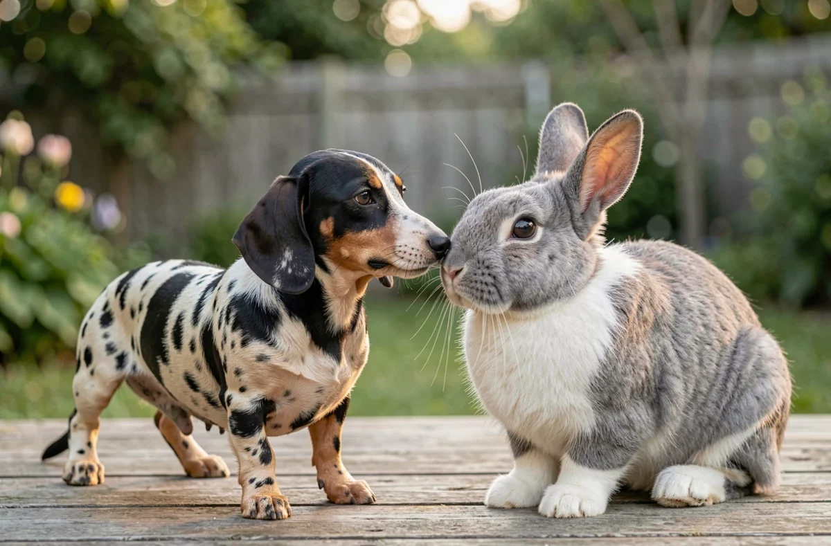 Teckel arlequin nain en train de renifler un lapin bélier sur une terrasse en bois dans un jardin, montrant une cohabitation paisible entre un chien et un lapin
